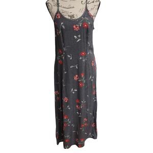 Vintage Rayon Black & Red Floral Maxi Dress Size 10 Made in USA Side Zipper